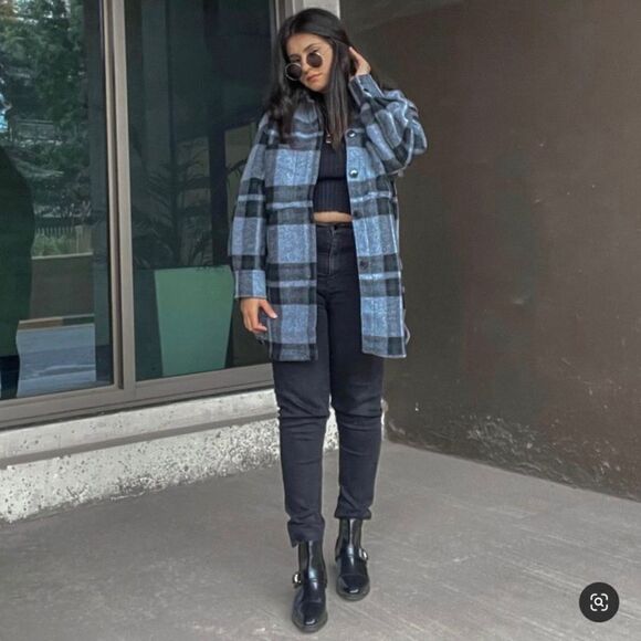 H&M Felted Shacket Shirt Jacket Blue Plaid New - Picture 9 of 12